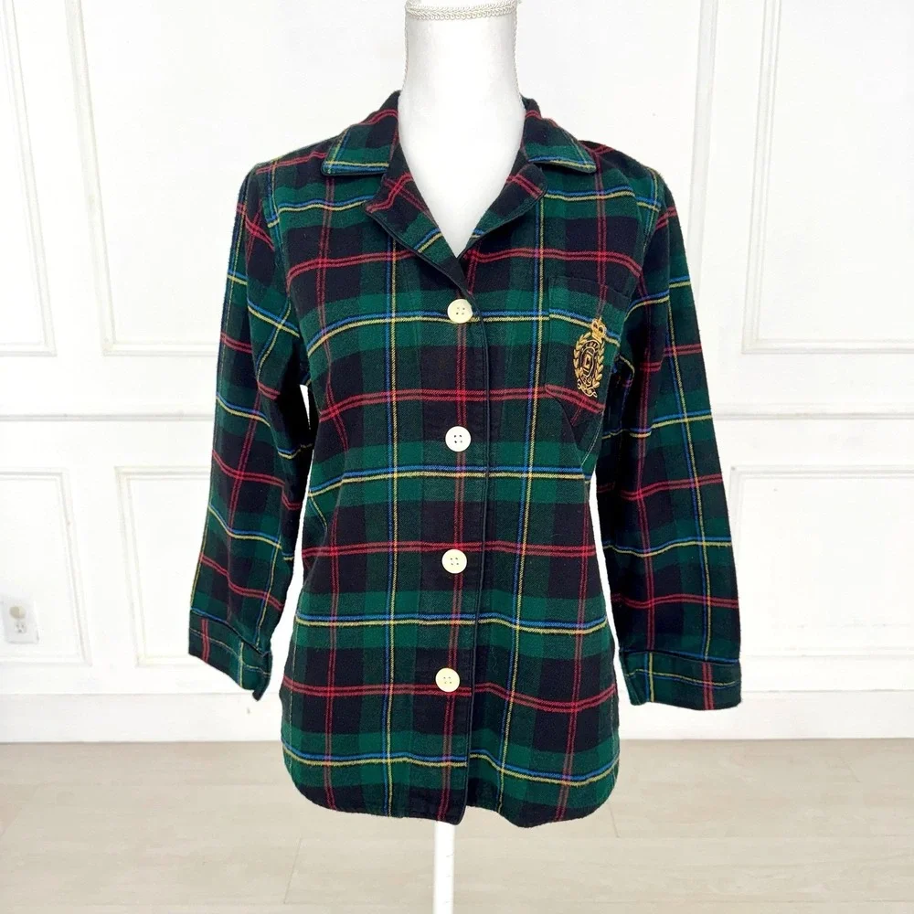 Chaps Pajama Set‎ Women Medium Green Red Black Tartan Plaid Flannel Holiday Cozy